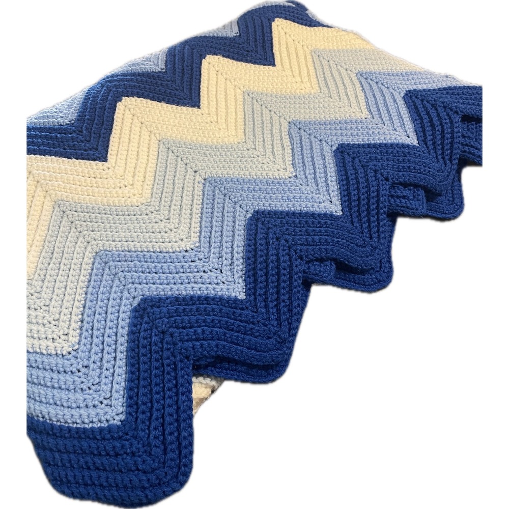 Crochet Afghan Blue Chevron approx 80"x60"